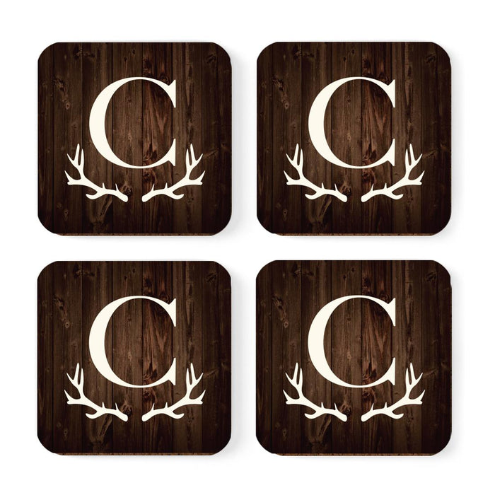 Square Coffee Drink Monogram Coasters Gift Set, Rustic Wood Deer Antler-Set of 4-Andaz Press-A-