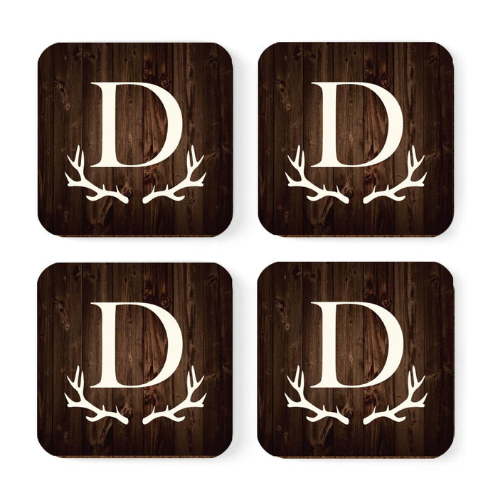 Square Coffee Drink Monogram Coasters Gift Set, Rustic Wood Deer Antler-Set of 4-Andaz Press-A-