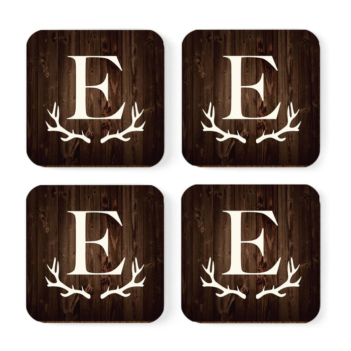 Square Coffee Drink Monogram Coasters Gift Set, Rustic Wood Deer Antler-Set of 4-Andaz Press-A-
