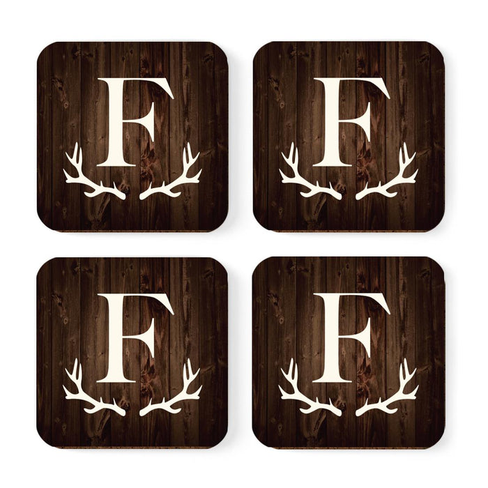 Square Coffee Drink Monogram Coasters Gift Set, Rustic Wood Deer Antler-Set of 4-Andaz Press-A-