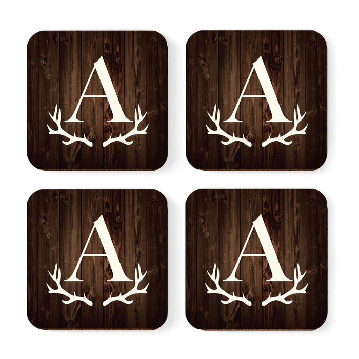 Square Coffee Drink Monogram Coasters Gift Set, Rustic Wood Deer Antler-Set of 4-Andaz Press-A-
