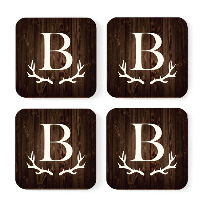 Square Coffee Drink Monogram Coasters Gift Set, Rustic Wood Deer Antler-Set of 4-Andaz Press-B-