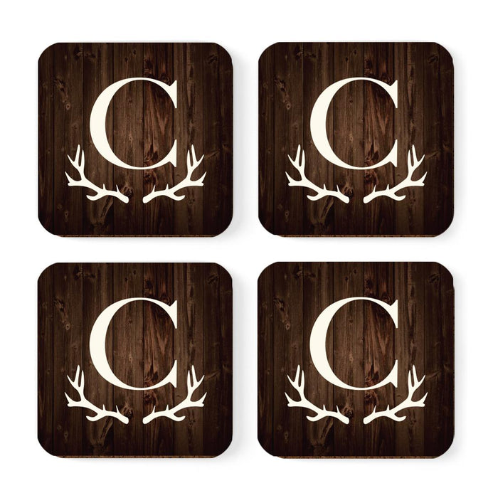 Square Coffee Drink Monogram Coasters Gift Set, Rustic Wood Deer Antler-Set of 4-Andaz Press-C-