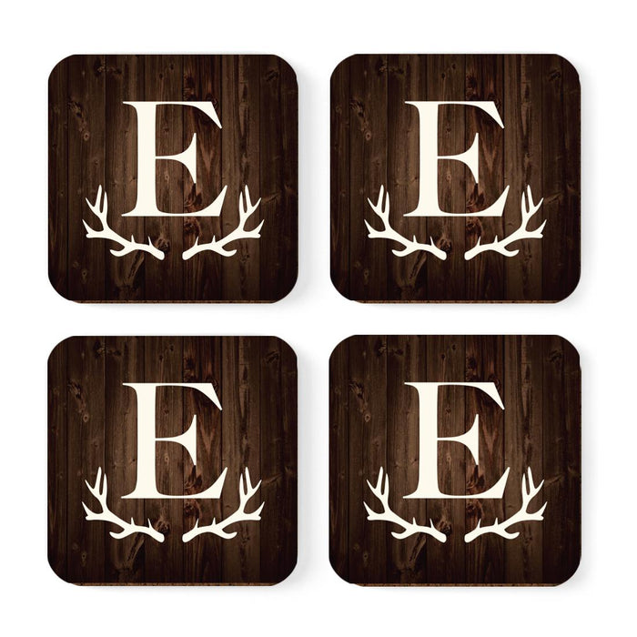 Square Coffee Drink Monogram Coasters Gift Set, Rustic Wood Deer Antler-Set of 4-Andaz Press-E-