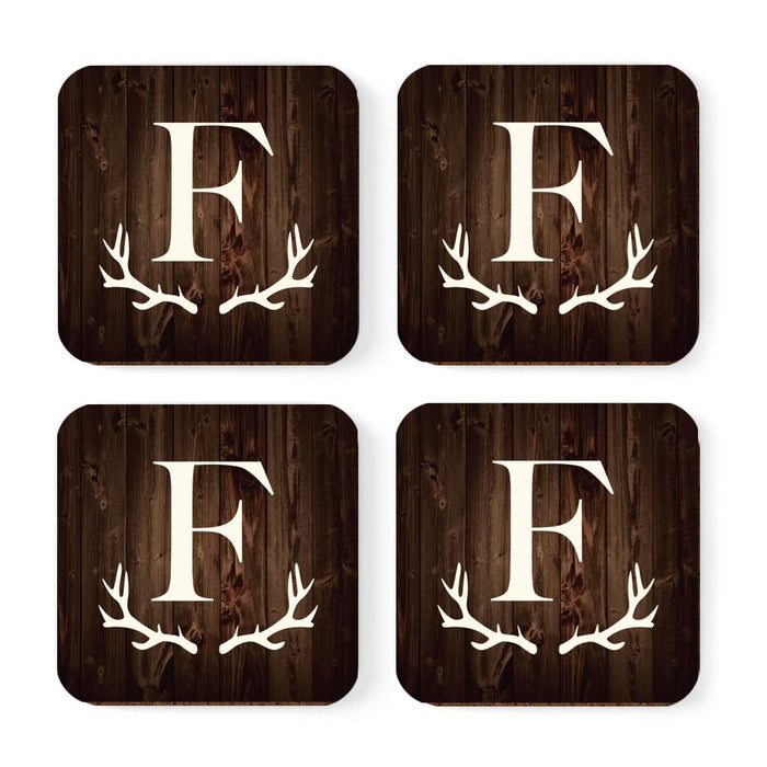Square Coffee Drink Monogram Coasters Gift Set, Rustic Wood Deer Antler-Set of 4-Andaz Press-F-