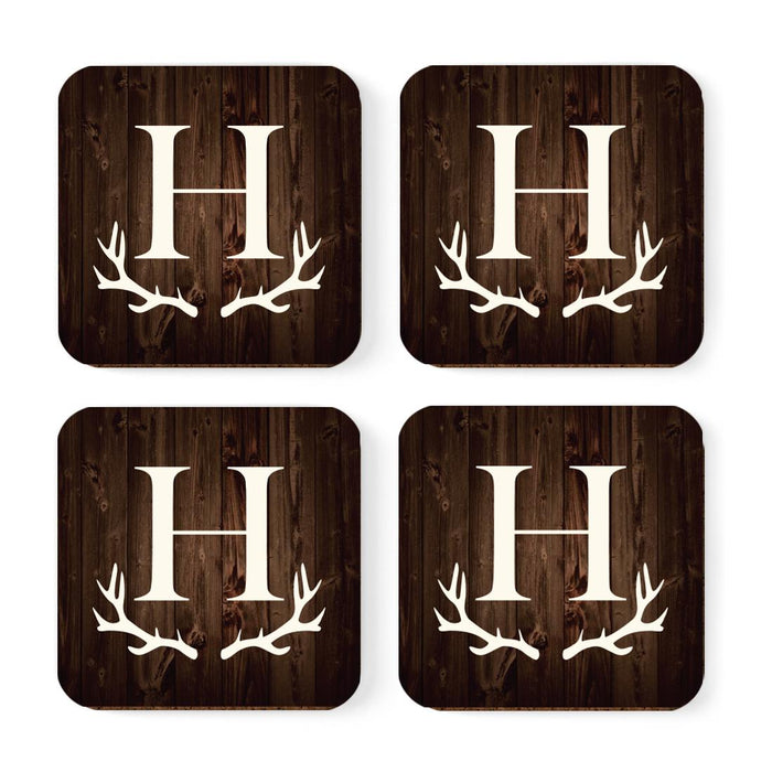 Square Coffee Drink Monogram Coasters Gift Set, Rustic Wood Deer Antler-Set of 4-Andaz Press-H-