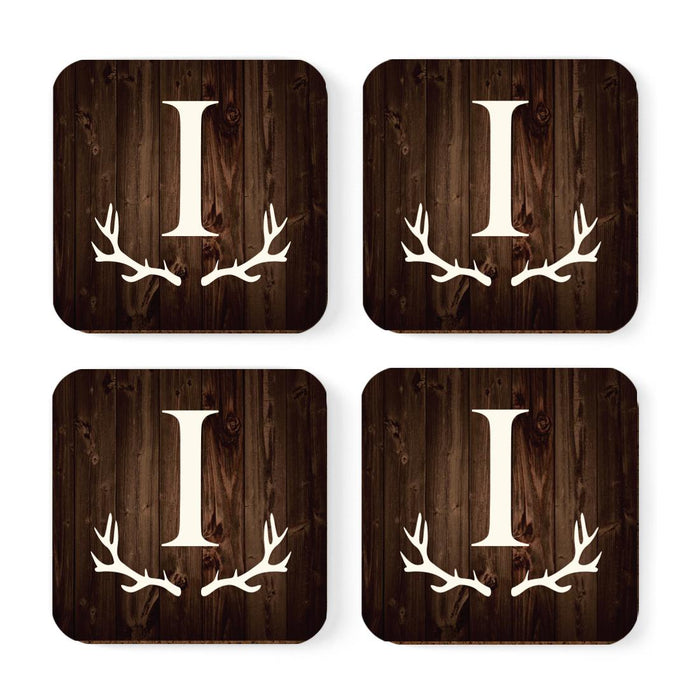 Square Coffee Drink Monogram Coasters Gift Set, Rustic Wood Deer Antler-Set of 4-Andaz Press-I-