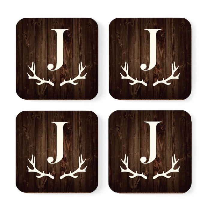 Square Coffee Drink Monogram Coasters Gift Set, Rustic Wood Deer Antler-Set of 4-Andaz Press-J-