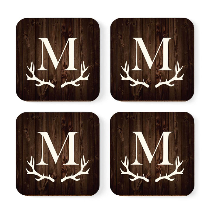 Square Coffee Drink Monogram Coasters Gift Set, Rustic Wood Deer Antler-Set of 4-Andaz Press-M-