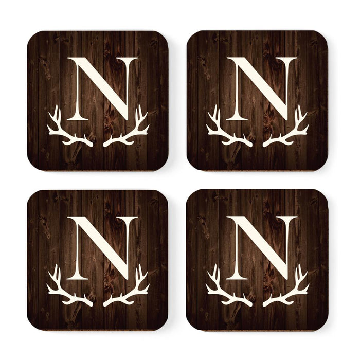 Square Coffee Drink Monogram Coasters Gift Set, Rustic Wood Deer Antler-Set of 4-Andaz Press-N-
