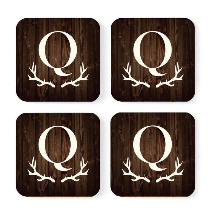 Square Coffee Drink Monogram Coasters Gift Set, Rustic Wood Deer Antler-Set of 4-Andaz Press-Q-
