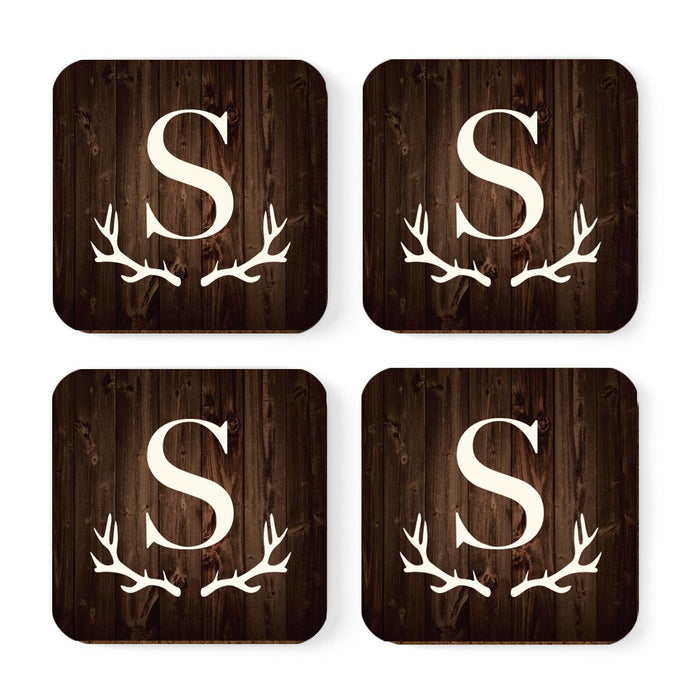 Square Coffee Drink Monogram Coasters Gift Set, Rustic Wood Deer Antler-Set of 4-Andaz Press-S-
