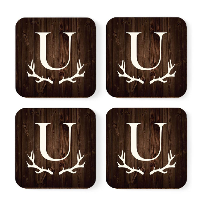 Square Coffee Drink Monogram Coasters Gift Set, Rustic Wood Deer Antler-Set of 4-Andaz Press-U-