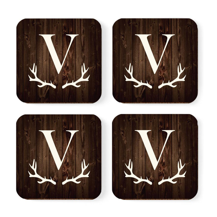 Square Coffee Drink Monogram Coasters Gift Set, Rustic Wood Deer Antler-Set of 4-Andaz Press-V-