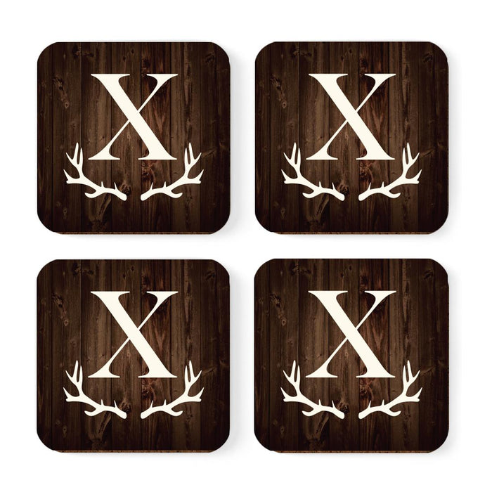 Square Coffee Drink Monogram Coasters Gift Set, Rustic Wood Deer Antler-Set of 4-Andaz Press-X-