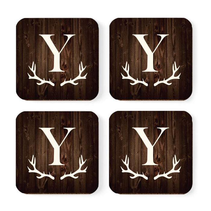 Square Coffee Drink Monogram Coasters Gift Set, Rustic Wood Deer Antler-Set of 4-Andaz Press-Y-