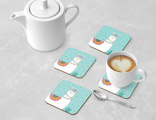 Square Drink Coffee Coasters Gift Set, Boho Design-Set of 4-Andaz Press-Boho Aqua Llama-