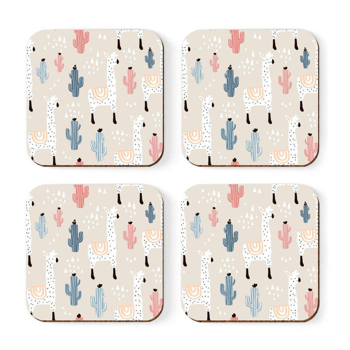Square Drink Coffee Coasters Gift Set, Boho Design-Set of 4-Andaz Press-Boho Llama Coral Aqua Tan-