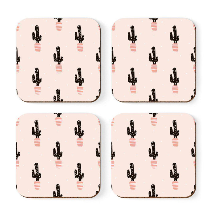 Square Drink Coffee Coasters Gift Set, Boho Design-Set of 4-Andaz Press-Pink Black Cactus-