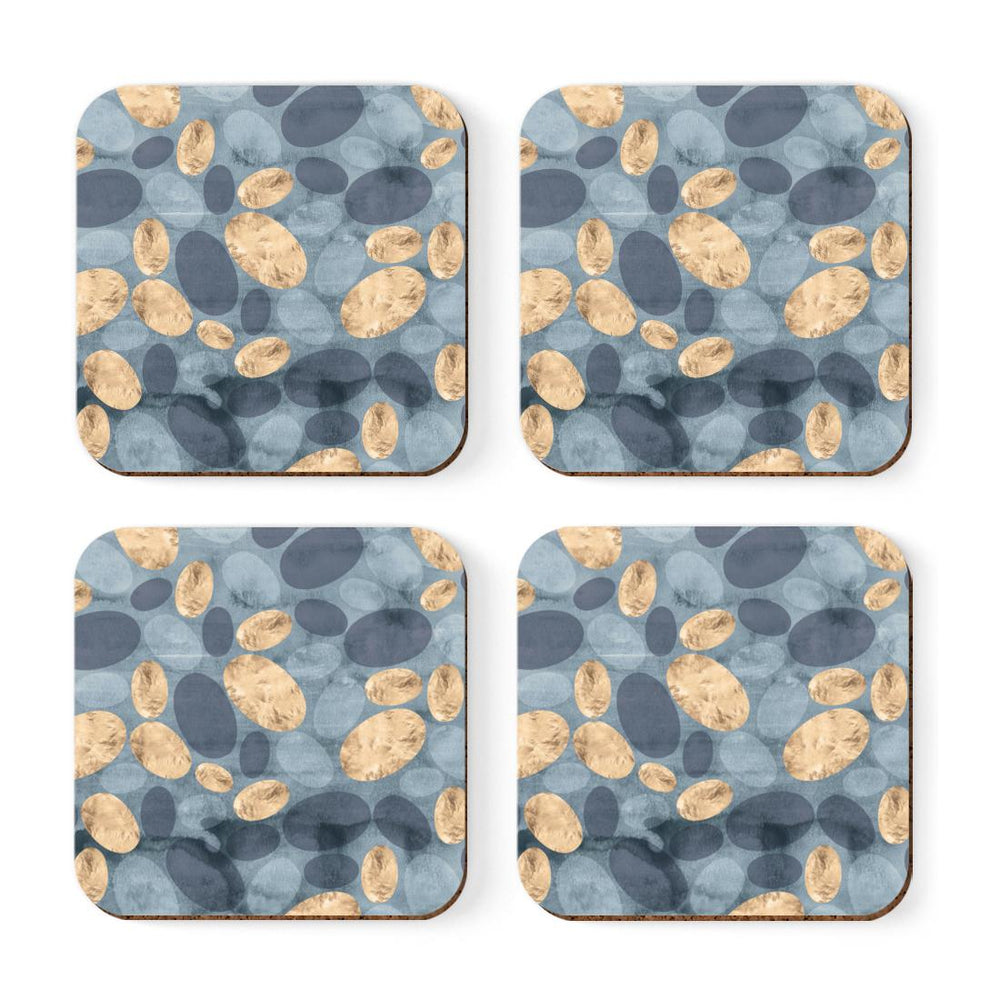 Square Drink Coffee Coasters Gift Set, Boho-Set of 4-Andaz Press-Boho Blue Gold Pebbles-