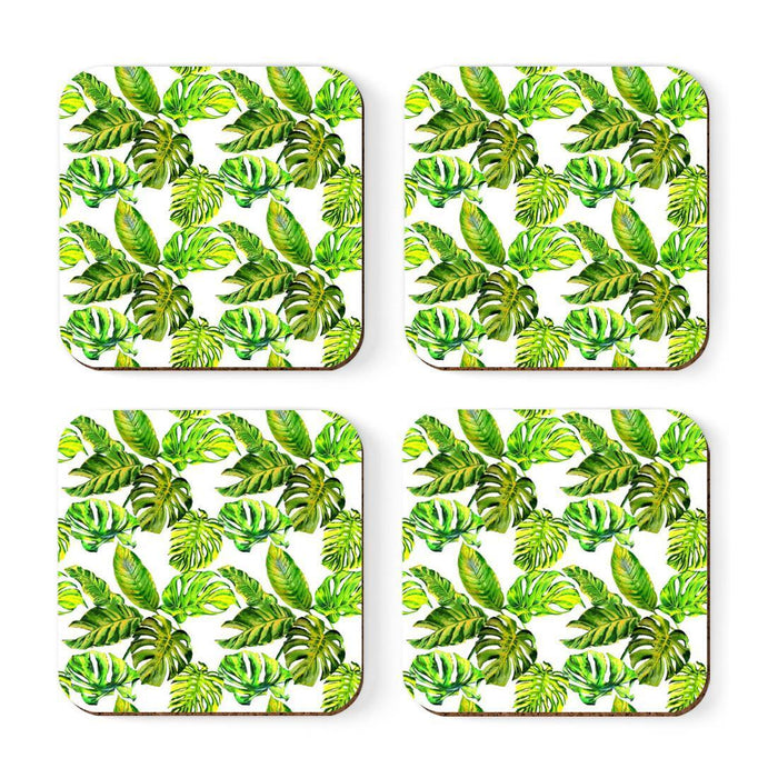 Square Drink Coffee Coasters Gift Set, Boho-Set of 4-Andaz Press-Green Tropical Palm Monstera Leaves-