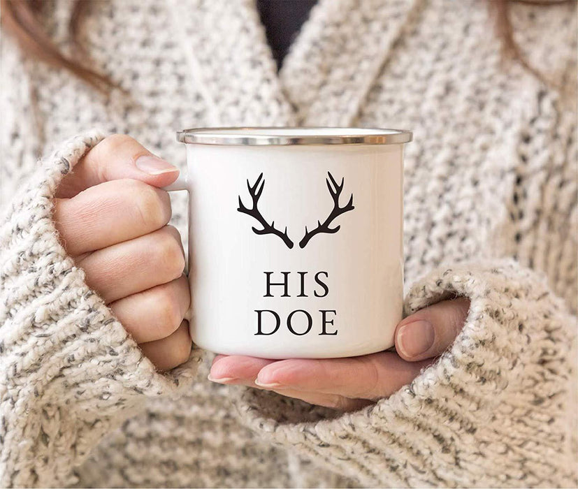 Stainless Steel Campfire Coffee Mugs Gift Set, His Doe, Her Buck, Deer Antlers Graphic-Set of 2-Andaz Press-
