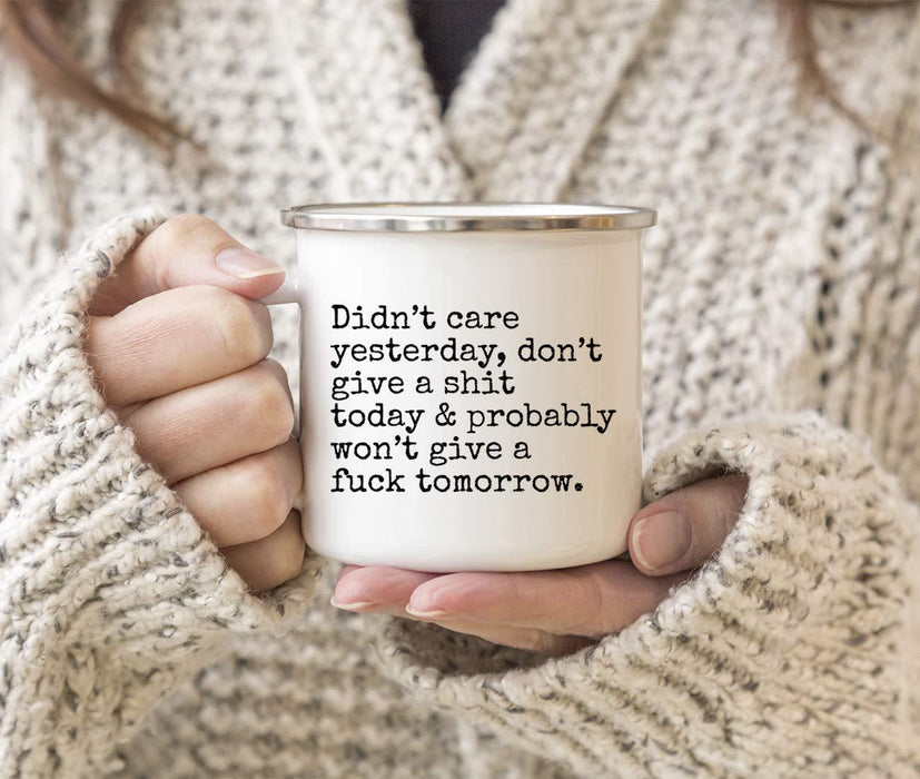 Stainless Steel Camping Mug Gift, Typewriter Style, Didn't Care Yesterday, Don't Give a Shit Today-Set of 1-Andaz Press-