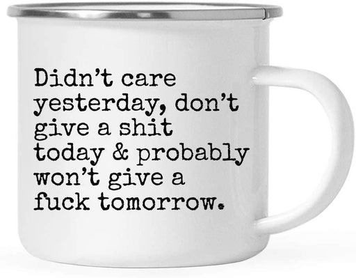Stainless Steel Camping Mug Gift, Typewriter Style, Didn't Care Yesterday, Don't Give a Shit Today-Set of 1-Andaz Press-