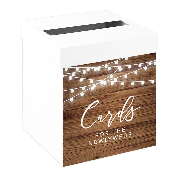 Sturdy White Wedding Day Card Box Wedding Gift Box-Set of 1-Andaz Press-Rustic Wood with String Lights-