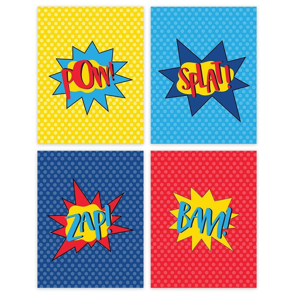Superhero Nursery Room Wall Art, Comic Book Super Heroes Pow Splat Zap Bam-Set of 4-Andaz Press-