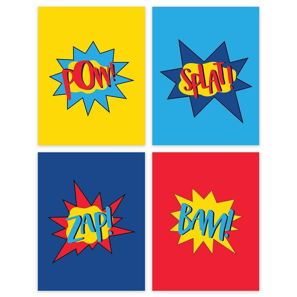 Superhero Nursery Room Wall Art, Super Heroes Pow Splat Zap Bam-Set of 4-Andaz Press-