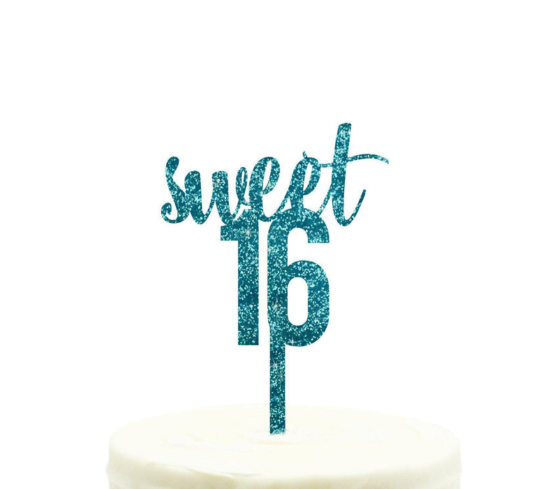 Sweet 16 Glitter Acrylic Birthday Cake Toppers-Set of 1-Andaz Press-Aqua-