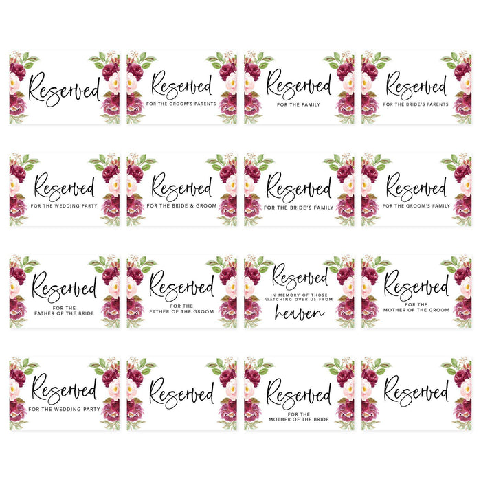 Table Reserved Signs for Wedding Reception, Reserved Family Table Setting Card Signs-Set of 16-Andaz Press-Burgundy and Peach FLorals-