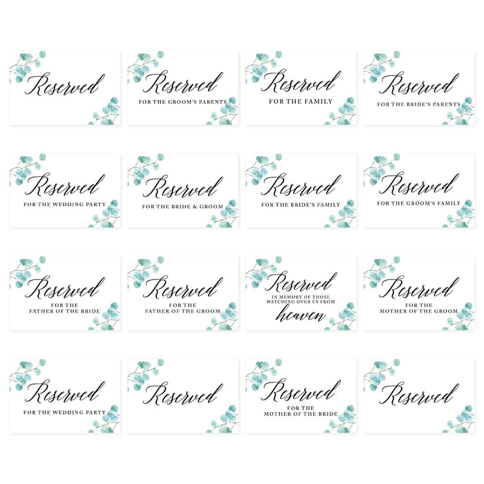 Table Reserved Signs for Wedding Reception, Reserved Family Table Setting Card Signs-Set of 16-Andaz Press-Eucalyptus-