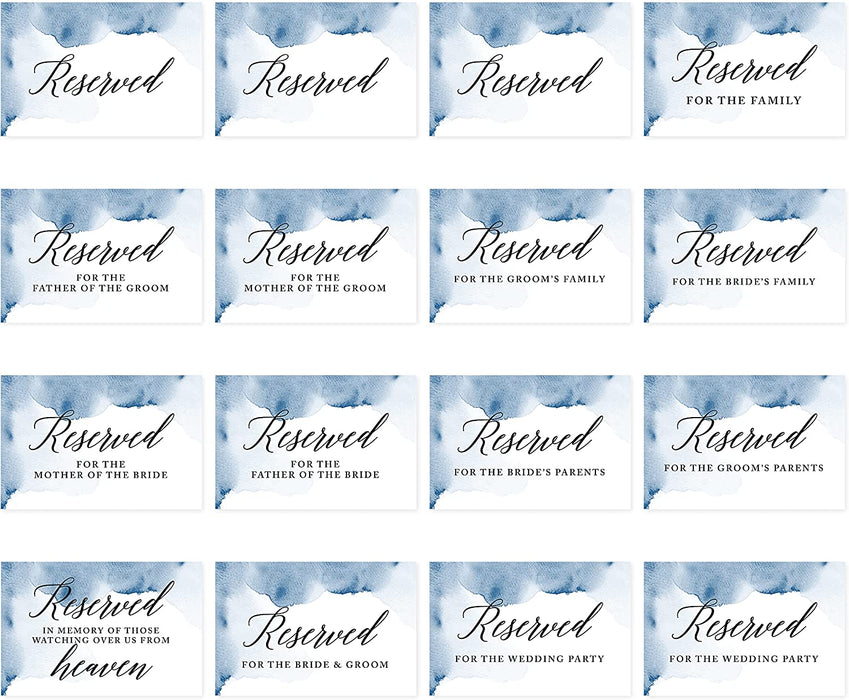 Table Reserved Signs for Wedding Reception, Reserved Family Table Setting Card Signs-Set of 16-Andaz Press-Navy Blue Watercolor-
