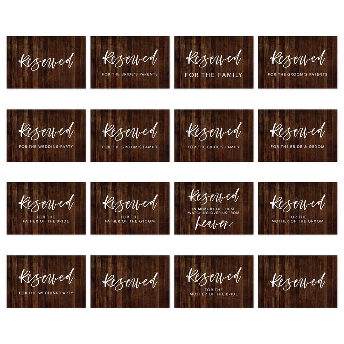 Table Reserved Signs for Wedding Reception, Reserved Family Table Setting Card Signs-Set of 16-Andaz Press-Rustic Wood-