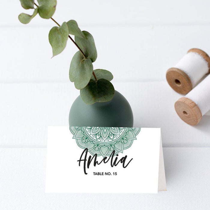 Table Tent Place Cards for Wedding Party Tables, Seating Name Place Cards, Design 2-Set of 56-Andaz Press-Dark Green Elegant Ornate-