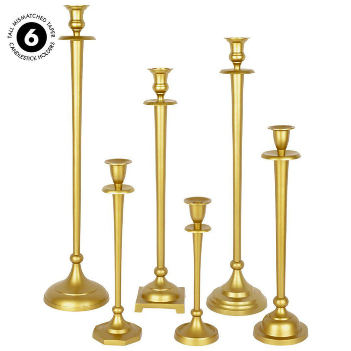 Tall Mismatched Taper Candlestick Holders for Centerpiece Table Decorative for Home, Wedding, Events-Set of 6-Koyal Wholesale-Gold-