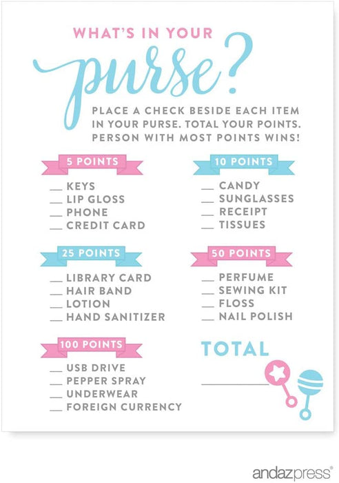 Team Pink/Blue Gender Reveal Baby Shower Games & Fun Activities-Set of 1-Andaz Press-What's In Your Purse?-