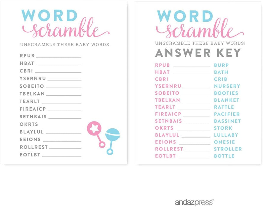 Team Pink/Blue Gender Reveal Baby Shower Games & Fun Activities-Set of 1-Andaz Press-Word Scramble-