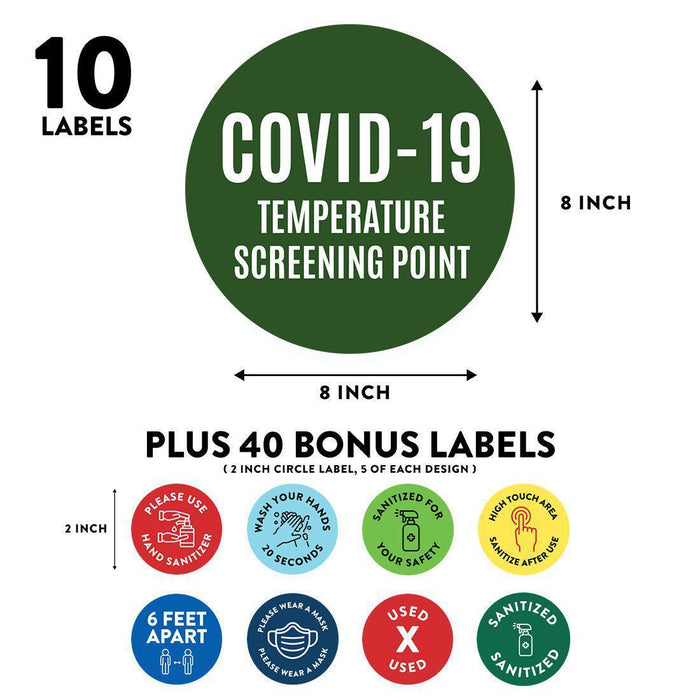 Temperature Check Stop, Round Covid Business Signs Vinyl Sticker Decals-Set of 50-Andaz Press-Temperature Screening Point-