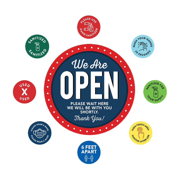 Temporary Store Office Hours for Social Distancing Round Business Signs, Vinyl Sticker Decals-Set of 50-Andaz Press-We Are Open-