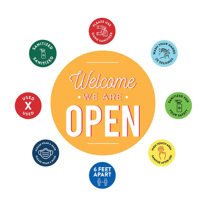 Temporary Store Office Hours for Social Distancing Round Business Signs, Vinyl Sticker Decals-Set of 50-Andaz Press-We Are Open-