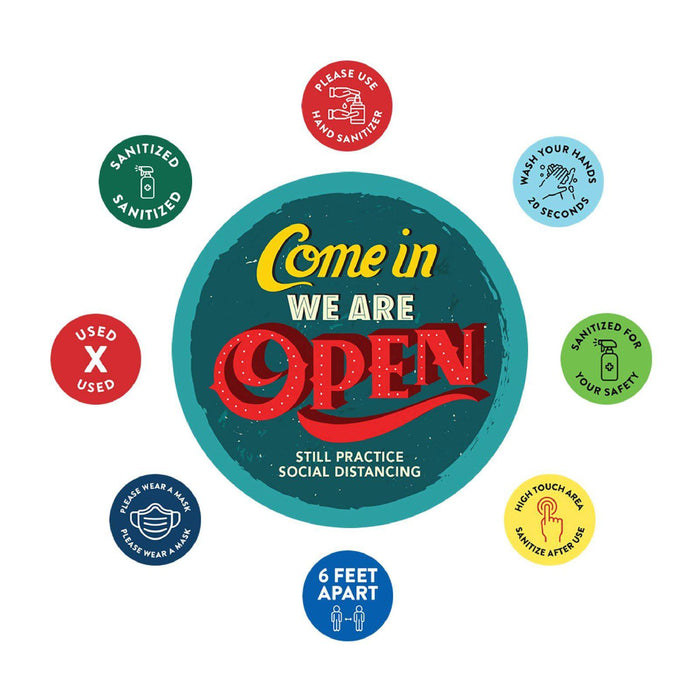 Temporary Store Office Hours for Social Distancing Round Business Signs, Vinyl Sticker Decals-Set of 50-Andaz Press-We Are Open-