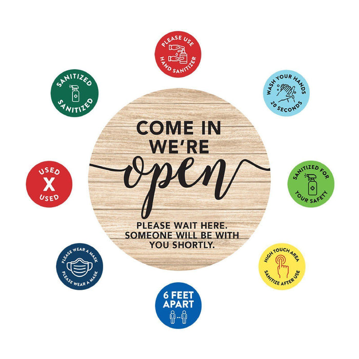Temporary Store Office Hours for Social Distancing Round Business Signs, Vinyl Sticker Decals-Set of 50-Andaz Press-We Are Open-