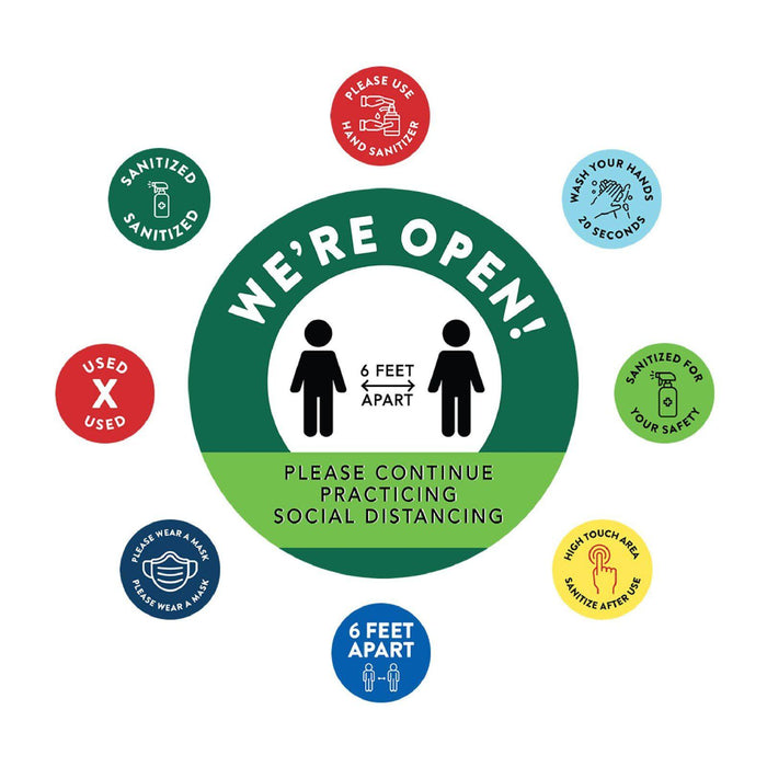 Temporary Store Office Hours for Social Distancing Round Business Signs, Vinyl Sticker Decals-Set of 50-Andaz Press-We Are Open-