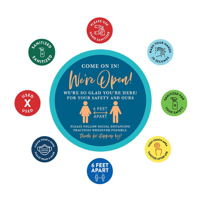 Temporary Store Office Hours for Social Distancing Round Business Signs, Vinyl Sticker Decals-Set of 50-Andaz Press-We Are Open-