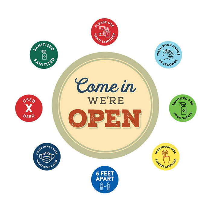 Temporary Store Office Hours for Social Distancing Round Business Signs, Vinyl Sticker Decals-Set of 50-Andaz Press-We Are Open-