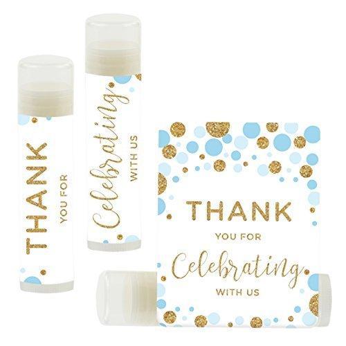 Thank You for Celebrating with US, Lip Balm Favors-Set of 12-Andaz Press-Baby Blue Faux Gold Glitter Confetti Dots-