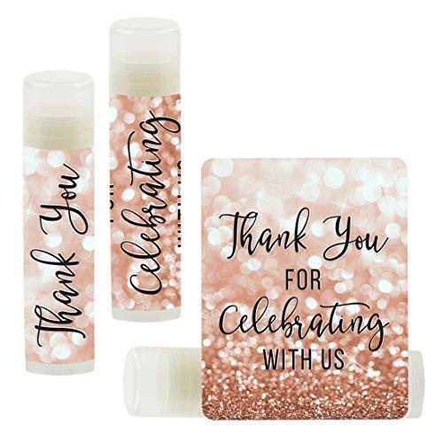 Thank You for Celebrating with US, Lip Balm Favors-Set of 12-Andaz Press-Faux Rose Gold Glitter Shimmer-